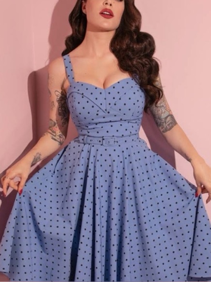 Maneater Swing Dress In Sunset Blue Polka Dot - Vixen By Micheline Pitt